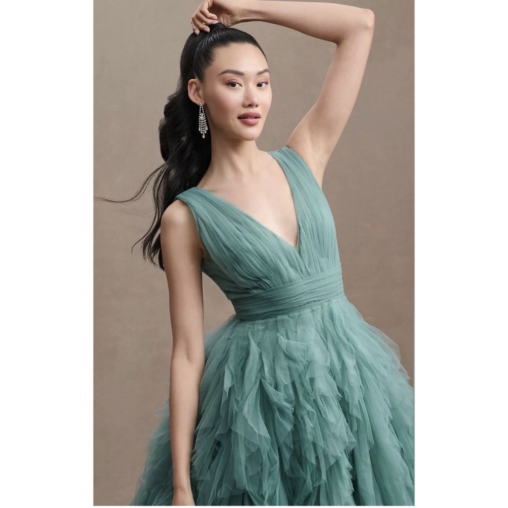 Mac Duggal 20411 Jade Green Tiered Ruffle Tulle Midi Dress Size 4 $598 - Picture 3 of 10